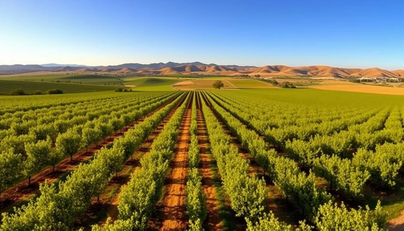 Scenic landscape view of Stanislaus County vineyards and orchards with mountains in the background