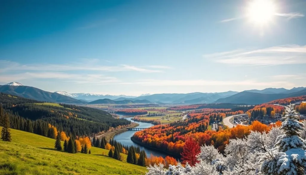 Scenic landscapes of Bend, Oregon in different seasons: lush green meadows and forests in spring, sun-dappled rivers and rolling hills in summer, vibrant autumn foliage along winding trails, and a snowy winter wonderland with majestic mountain views. Capture the essence of this picturesque Pacific Northwest town through detailed, photorealistic imagery. Showcase the varied beauty of Bend across the changing seasons, from the tranquil Deschutes River to the rugged Cascade peaks. Utilize natural lighting, depth of field, and cinematic camera angles to create a visually captivating and immersive scene that invites the viewer to experience the best of Bend.