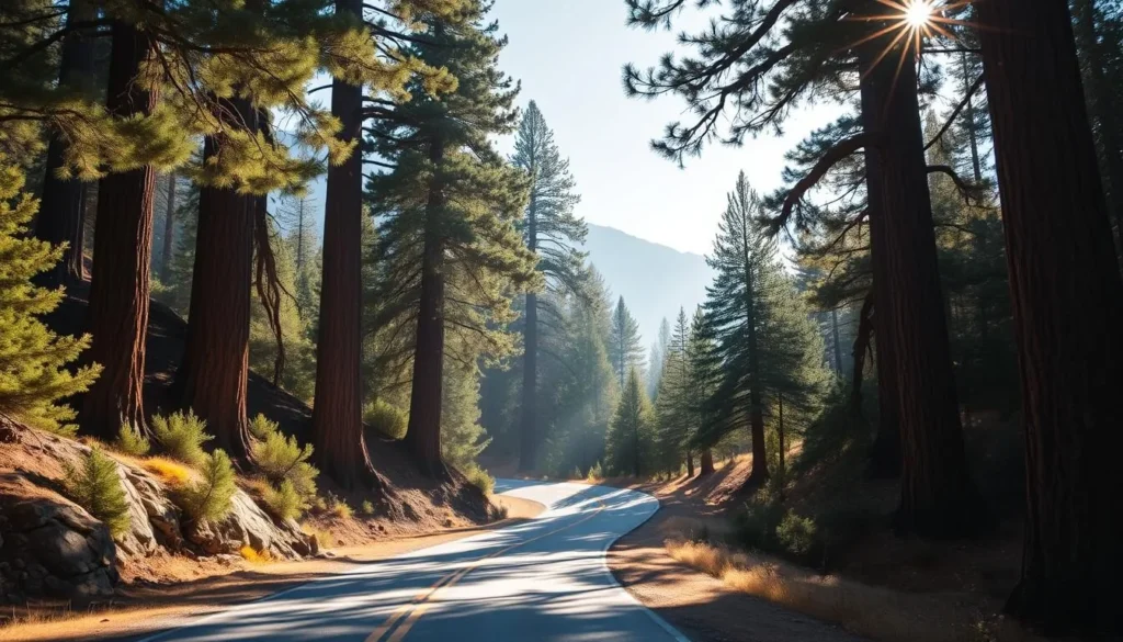 Scenic mountain road in Sequoia National Park, Tulare County with tall sequoia trees lining the route Scenic mountain road in Sequoia National Park, Tulare County with tall sequoia trees lining the route