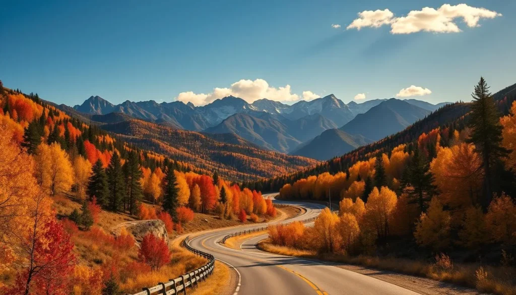Scenic mountain road in Sierra County with fall colors and dramatic views Scenic mountain road in Sierra County with fall colors and dramatic views