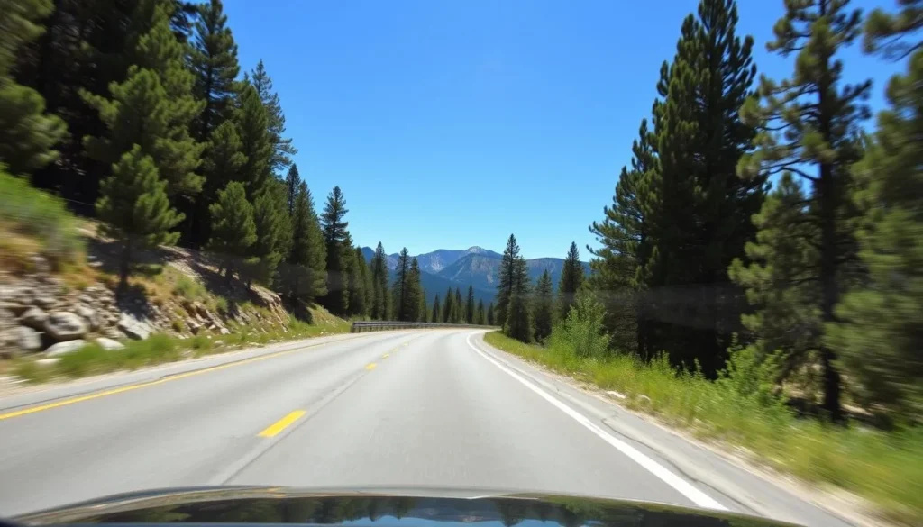 Scenic mountain road in Tuolumne County with a car driving through forested landscape Scenic mountain road in Tuolumne County with a car driving through forested landscape