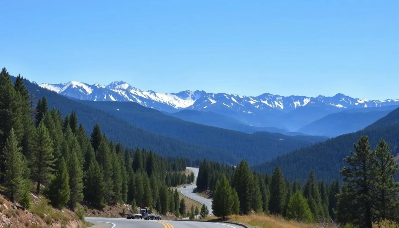 Scenic mountain road leading into Sierra County, California with snow-capped peaks in the background