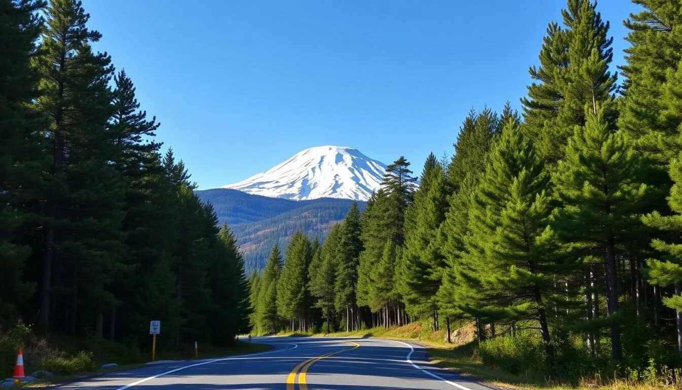 Scenic mountain road leading to Carrabassett Valley, Maine with snow-capped Sugarloaf Mountain in the background