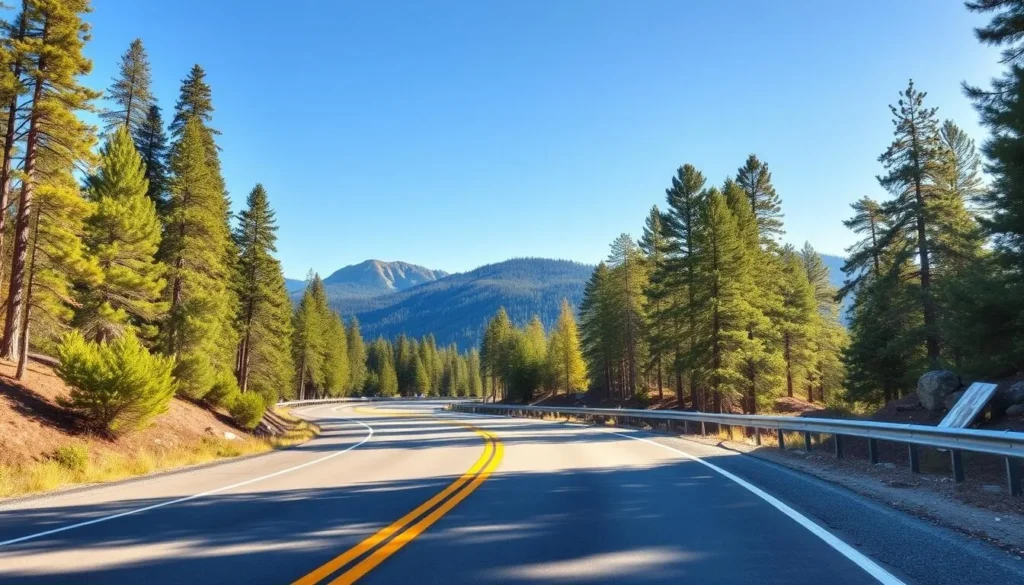 Scenic mountain road winding through Sierra National Forest in Madera County, California Scenic mountain road winding through Sierra National Forest in Madera County, California