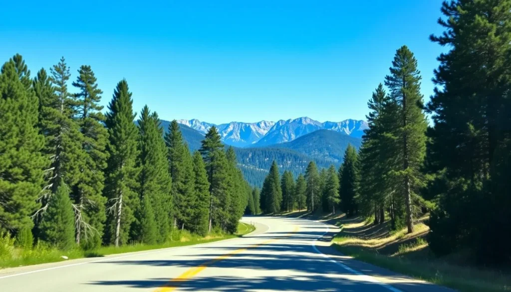 Scenic mountain road winding through Tuolumne County with forests and mountain views Scenic mountain road winding through Tuolumne County with forests and mountain views