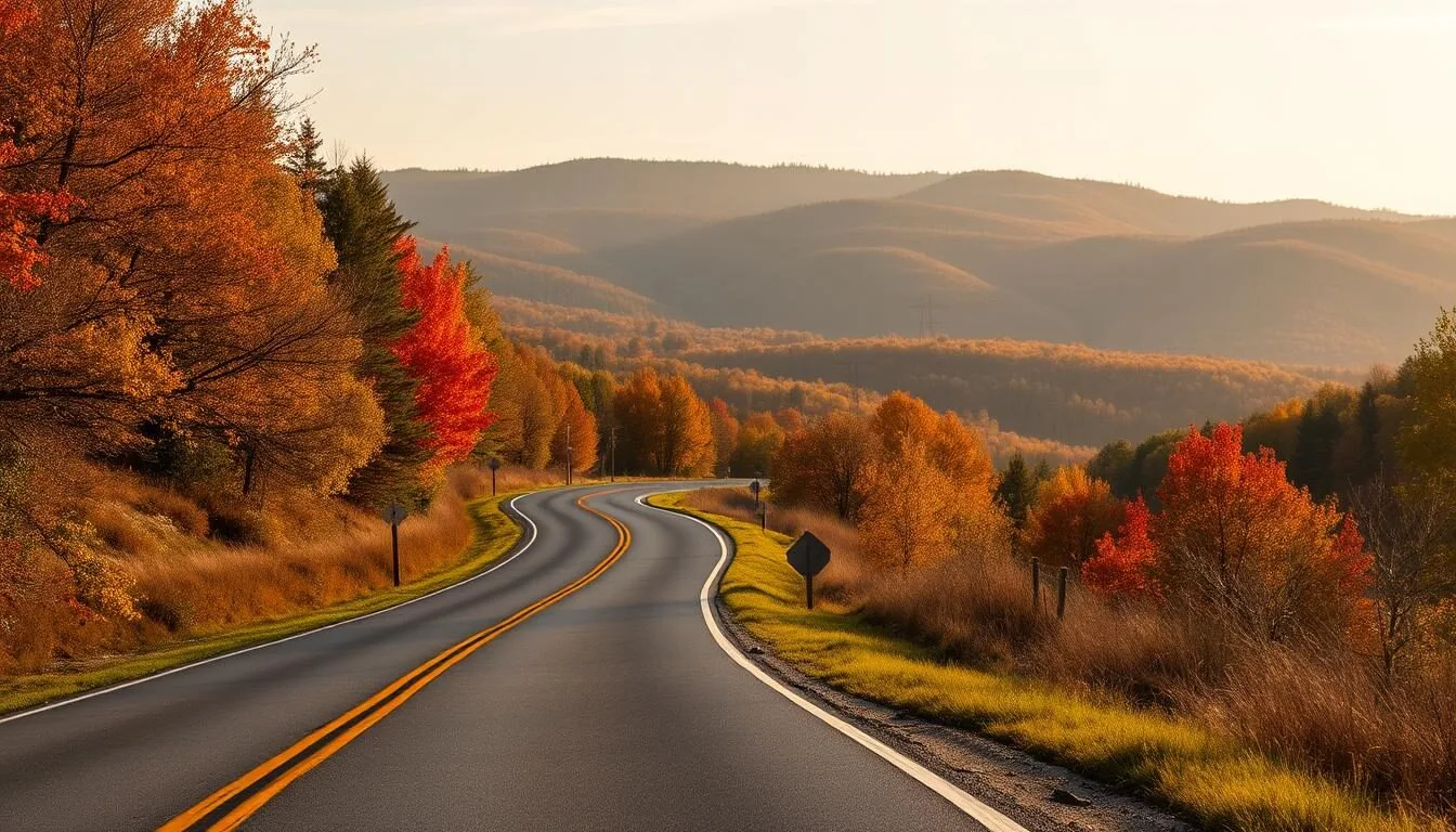 Scenic road leading into Allegany County New York with rolling hills and forests in autumn