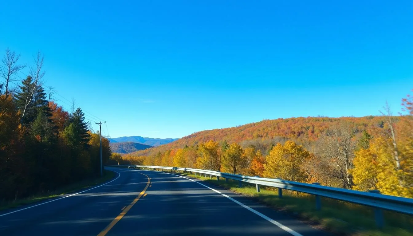 Scenic road leading into Allegheny National Forest, Pennsylvania with fall foliage