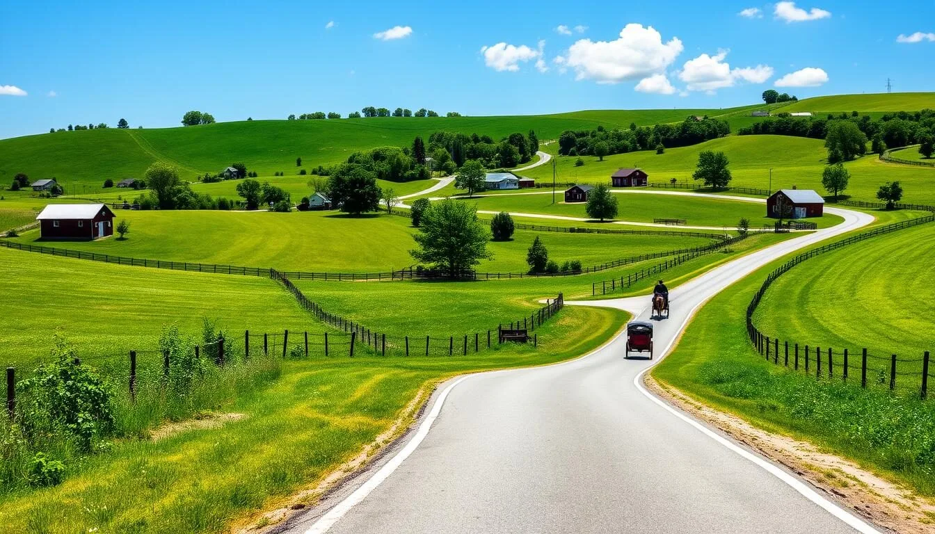 Scenic road leading into Amish Country Ohio with rolling hills and farmland