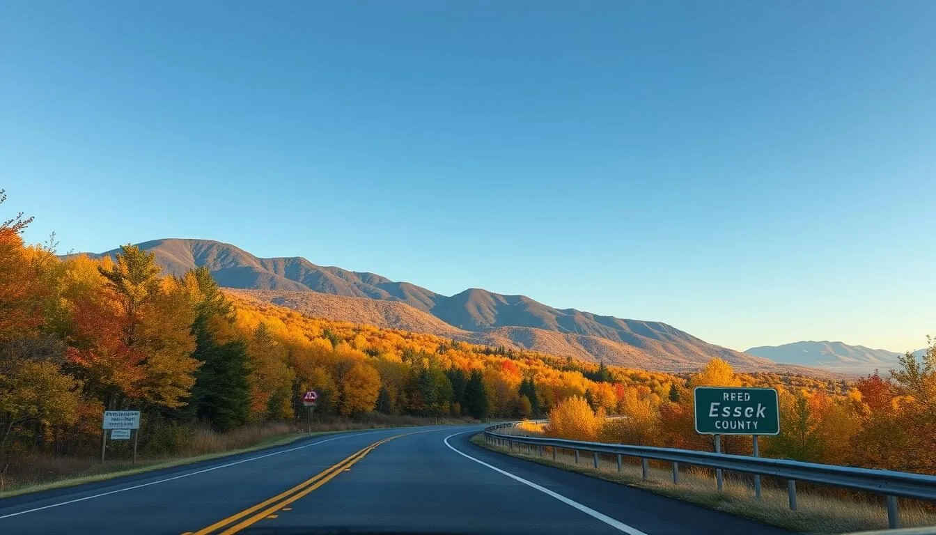 Scenic road leading into Essex County, New York with Adirondack Mountains in the background
