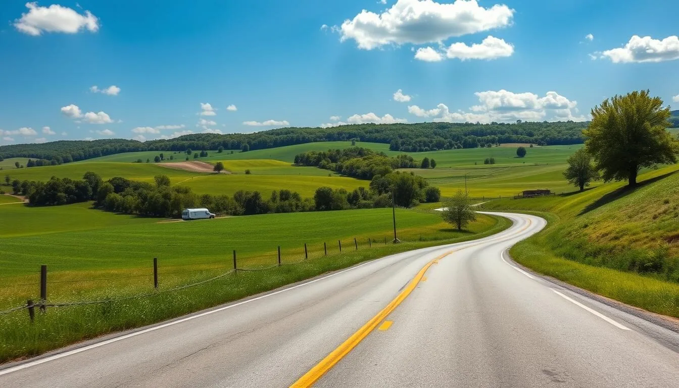 Scenic road leading into Livingston County, New York with rolling hills and farmland