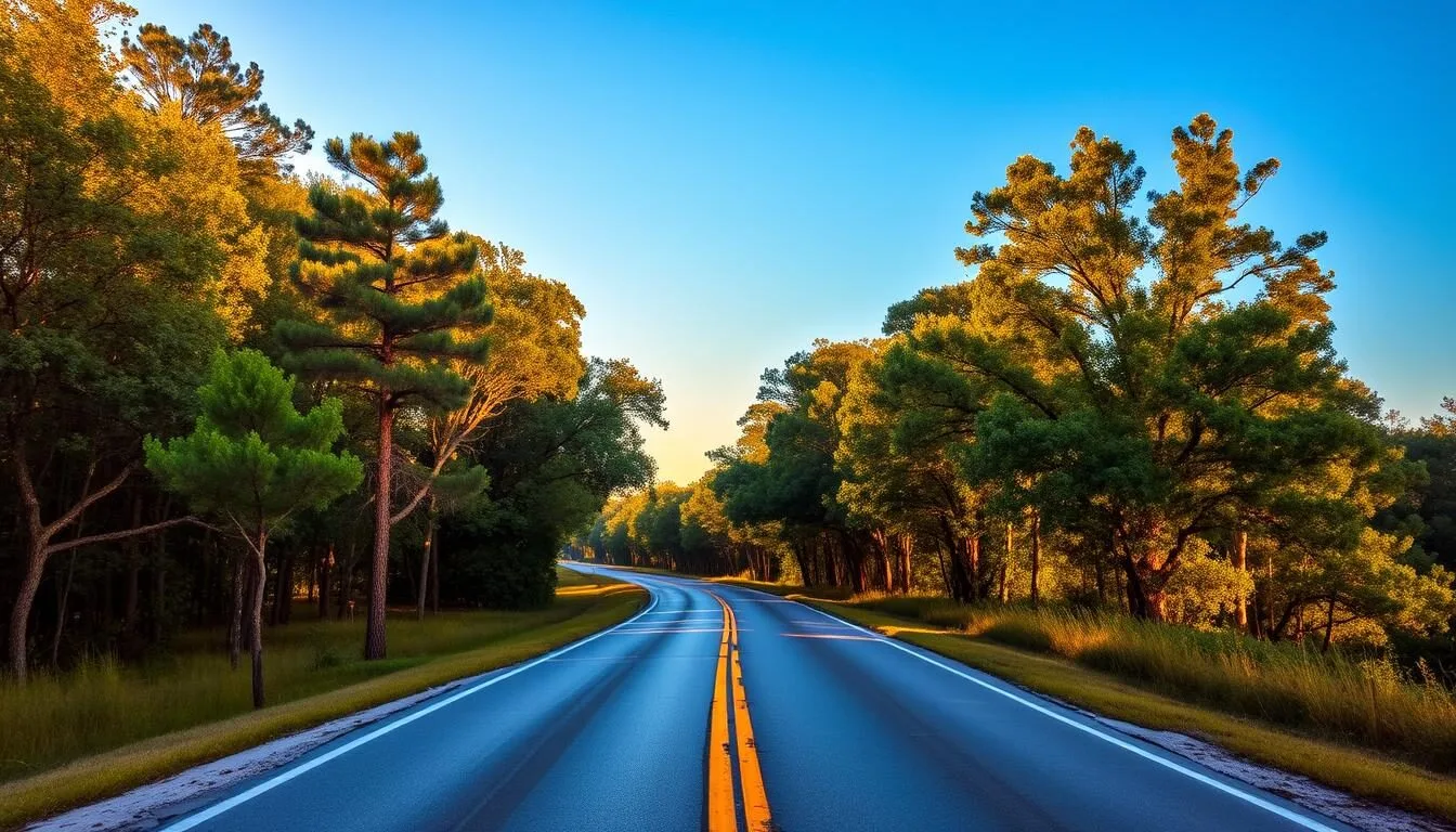 Scenic road leading into Union County Florida with lush greenery and blue skies