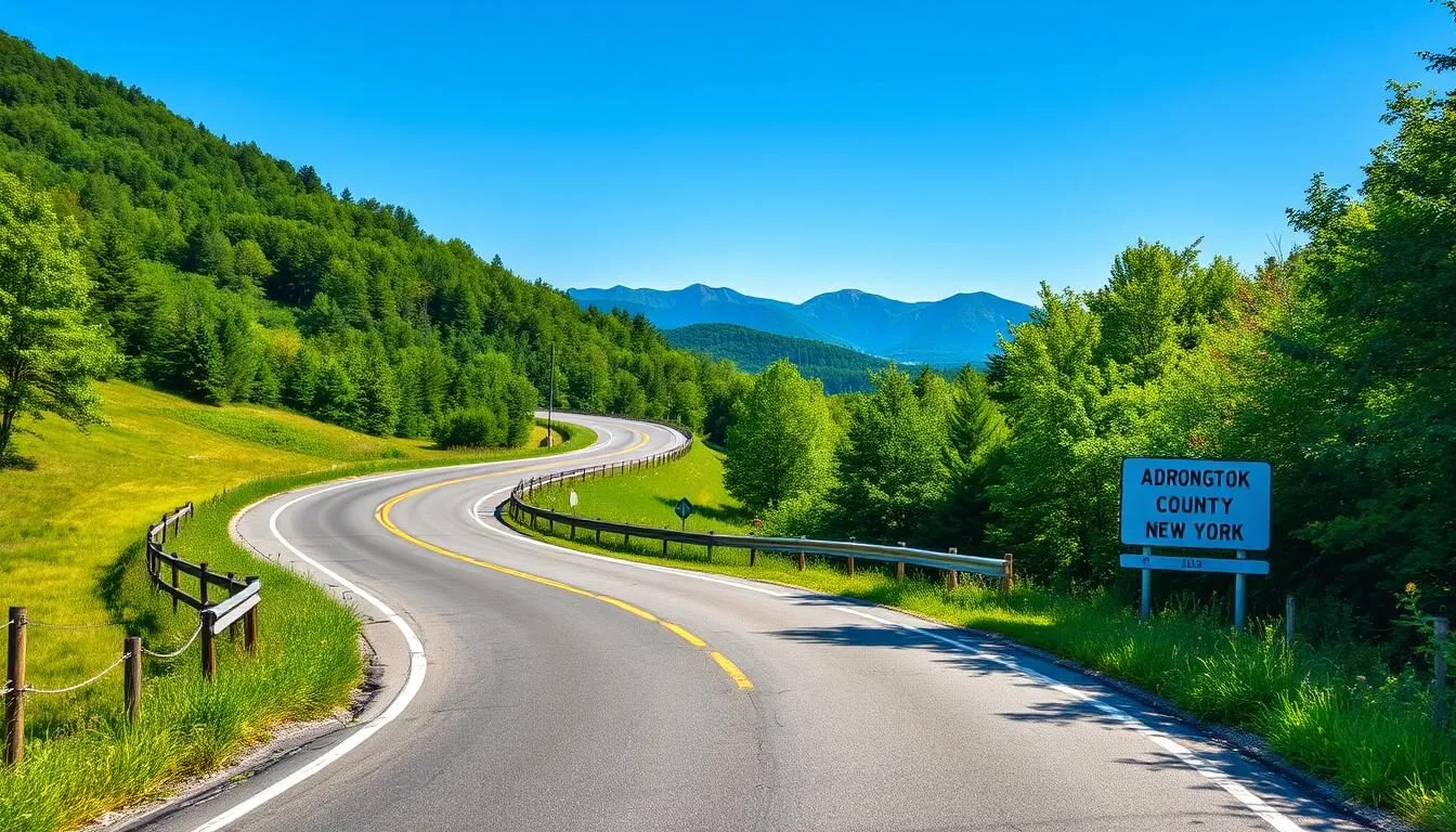 Scenic road leading into Washington County New York with mountains in background