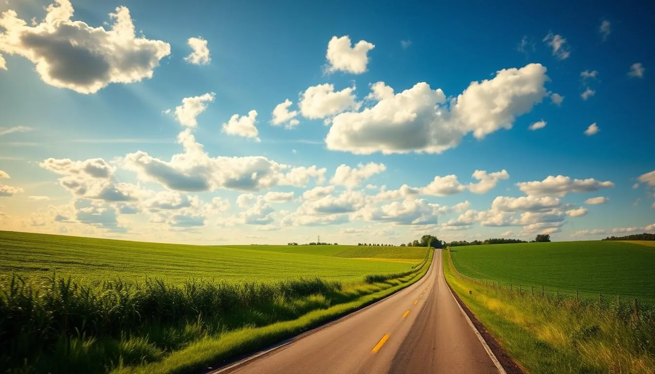 Scenic road leading into Wayne County, New York with lush green countryside and blue skies