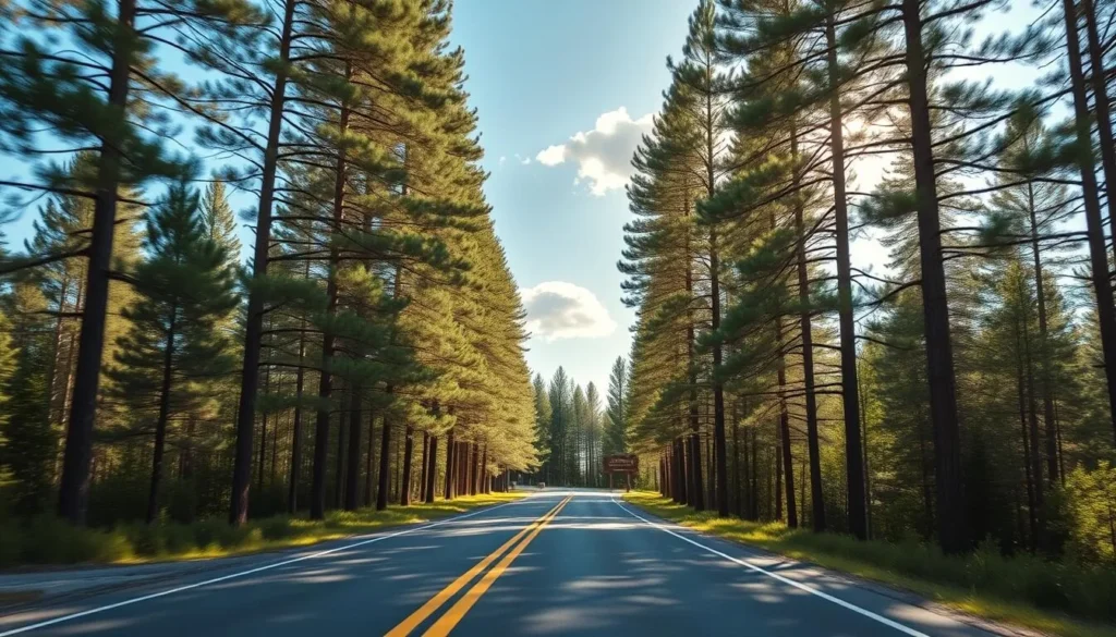Scenic road leading to Itasca State Park entrance in Lake Itasca, Minnesota, surrounded by tall pine trees Scenic road leading to Itasca State Park entrance in Lake Itasca, Minnesota, surrounded by tall pine trees