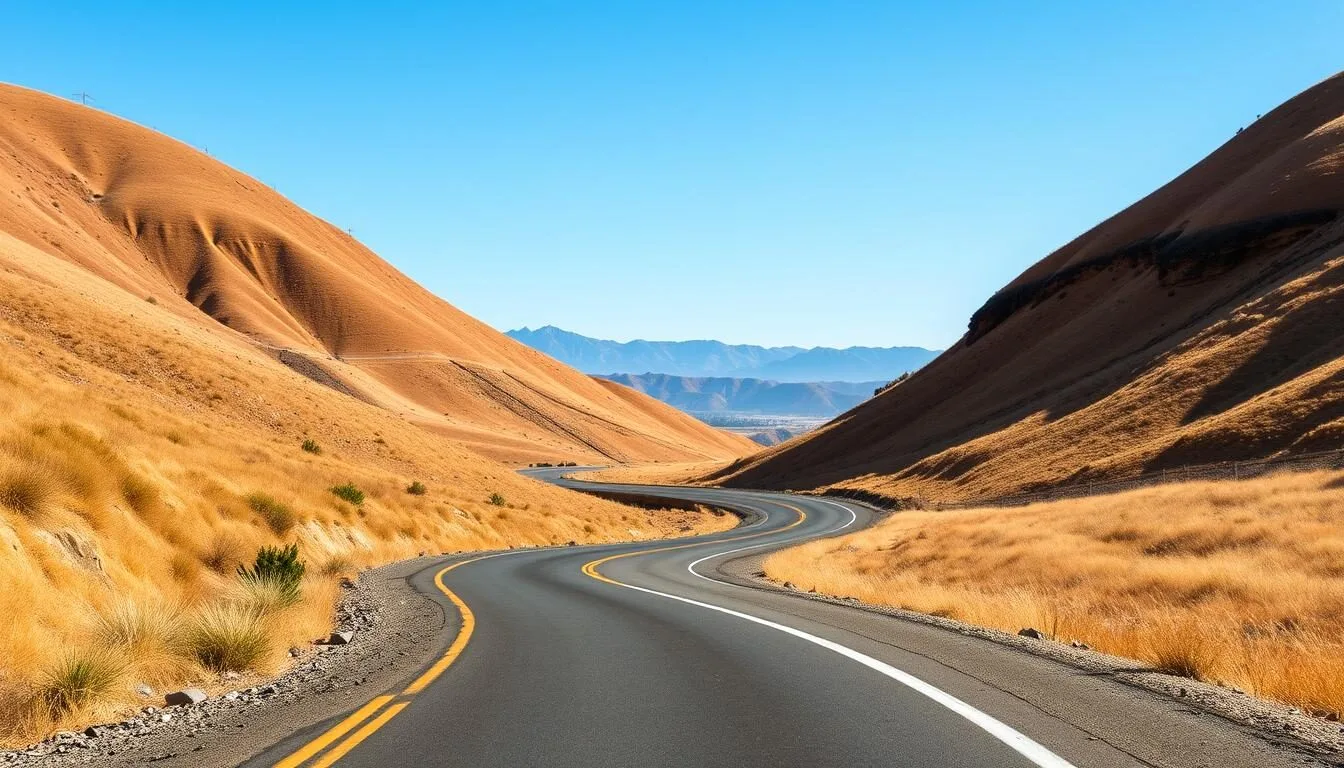 Scenic road leading to Lake County California with mountain views and clear blue skies