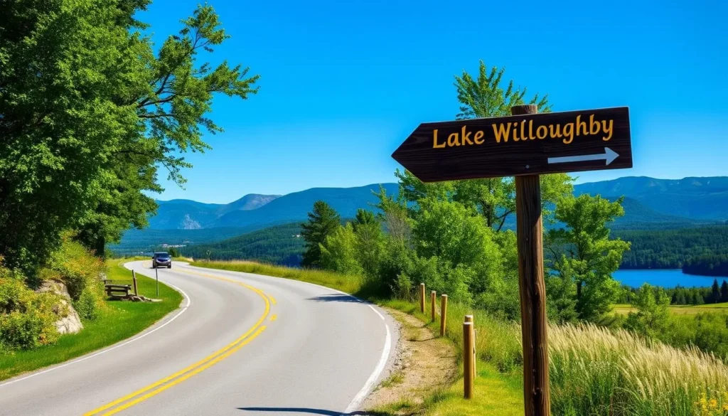Scenic road leading to Lake Willoughby with mountains in the background and directional sign Scenic road leading to Lake Willoughby with mountains in the background and directional sign
