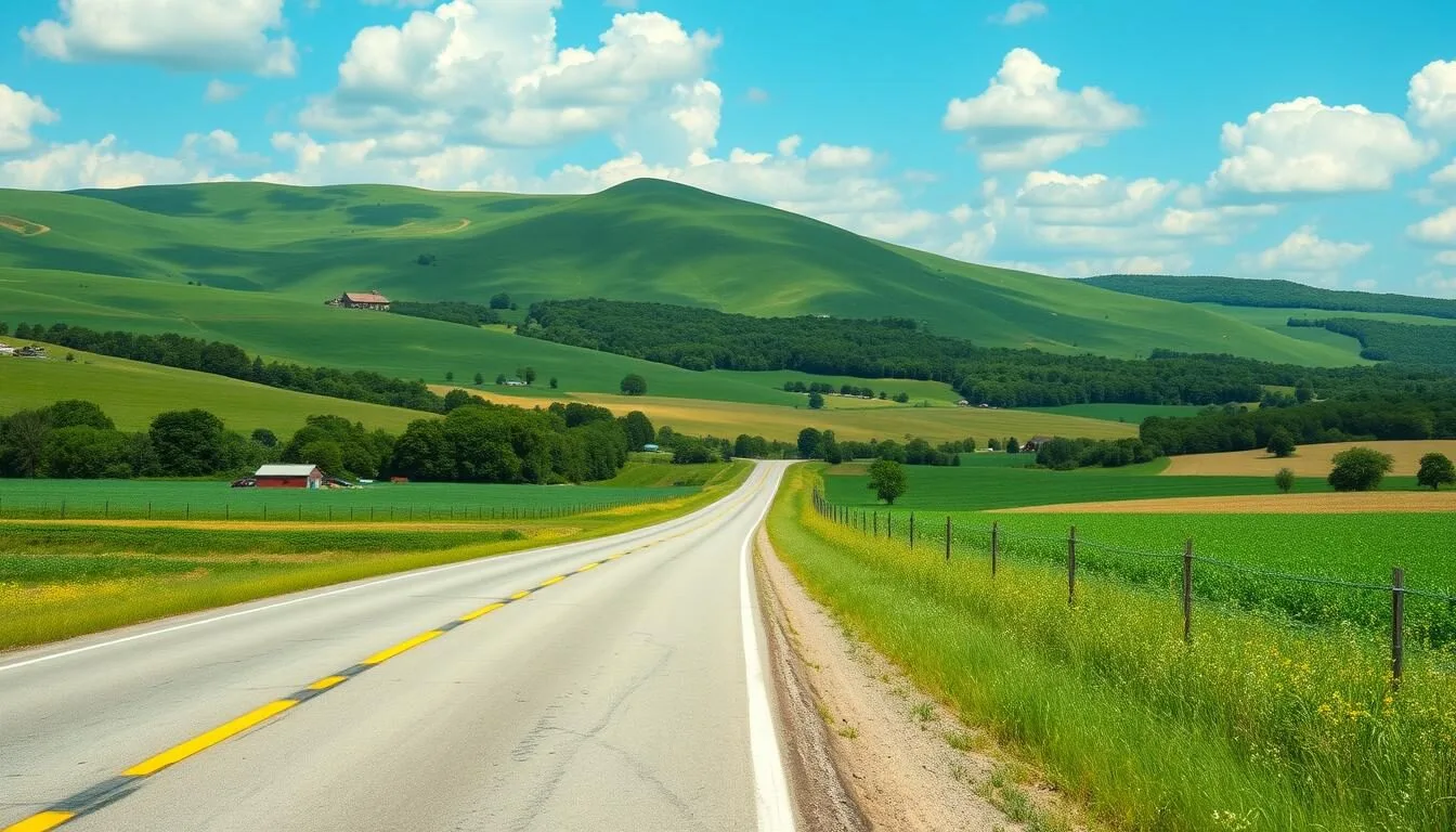 Scenic road leading to Otsego County with rolling hills and farmland in the background