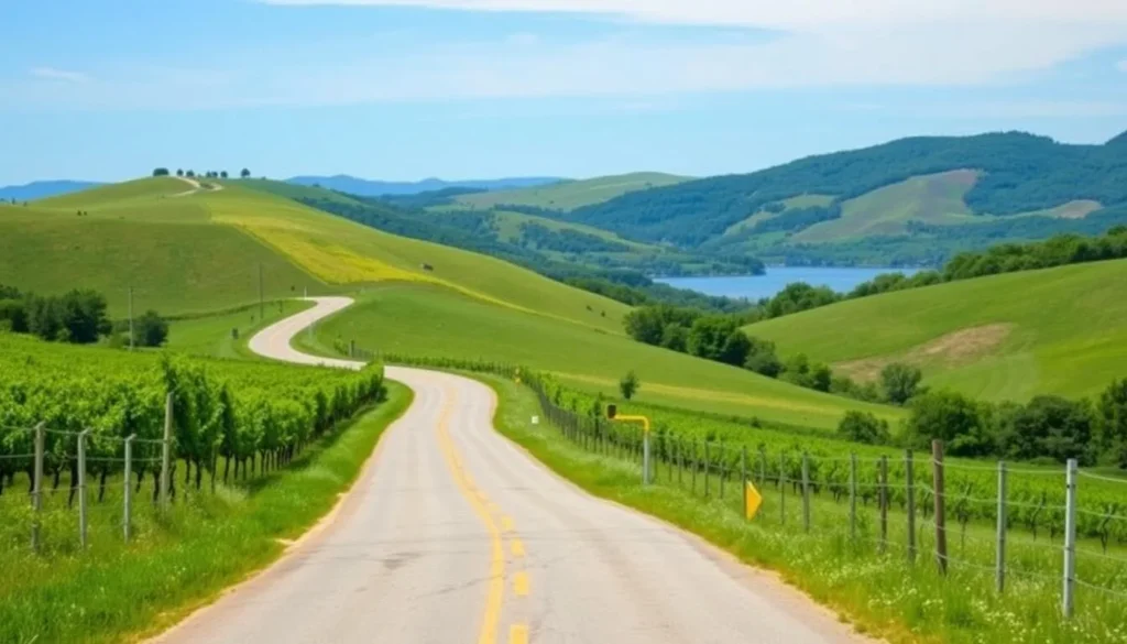 Scenic road leading to Seneca County with Finger Lakes in the background Scenic road leading to Seneca County with Finger Lakes in the background
