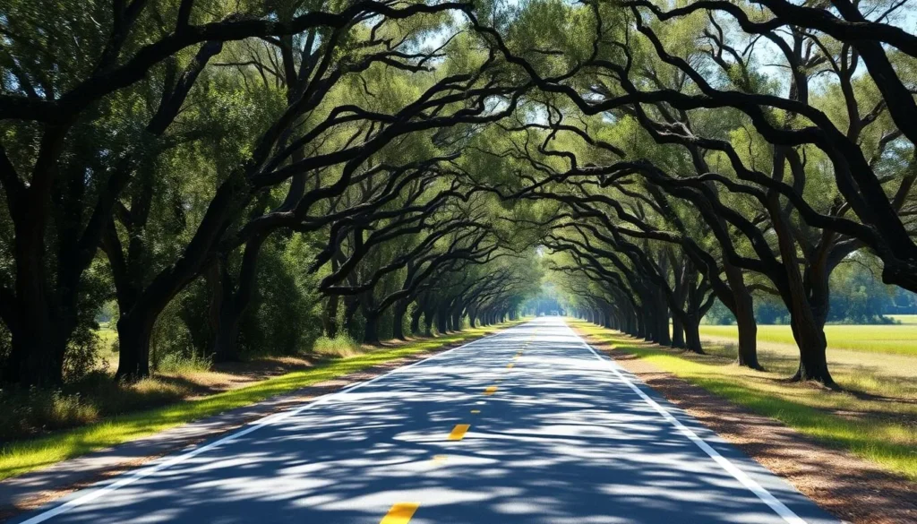 Scenic road through Alachua County Florida with tree canopy