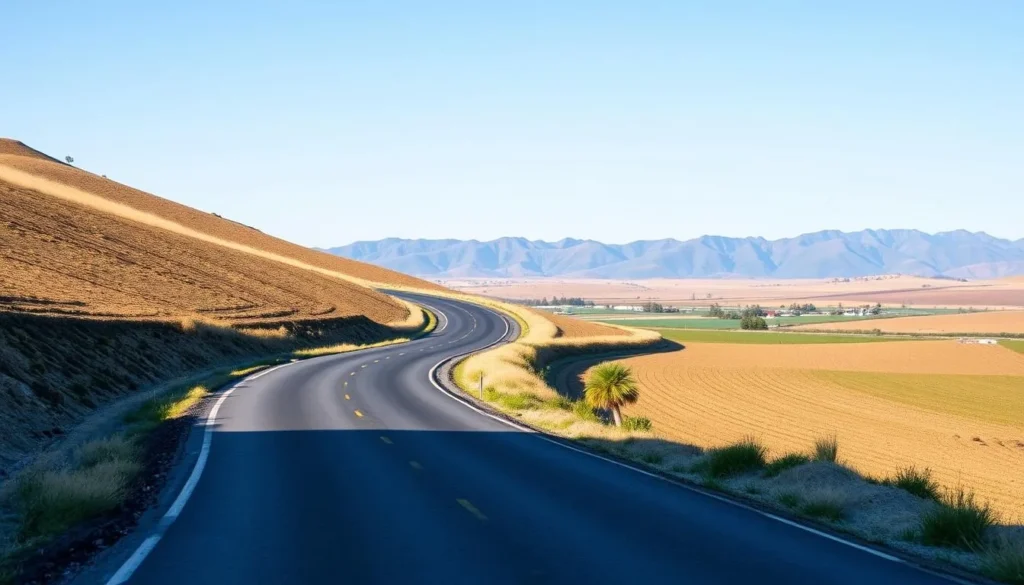 Scenic road through Fresno County California with mountains in the background and agricultural fields on both sides Scenic road through Fresno County California with mountains in the background and agricultural fields on both sides