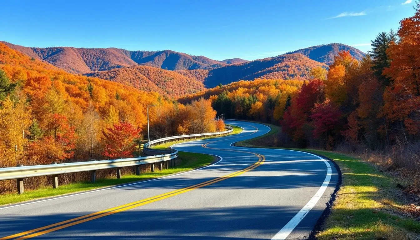 Scenic road through Greene County, New York with mountain views and autumn foliage