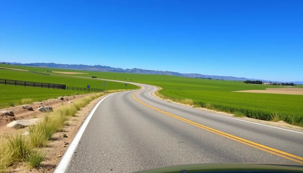 Scenic road through Merced County California with mountains in the background Scenic road through Merced County California with mountains in the background