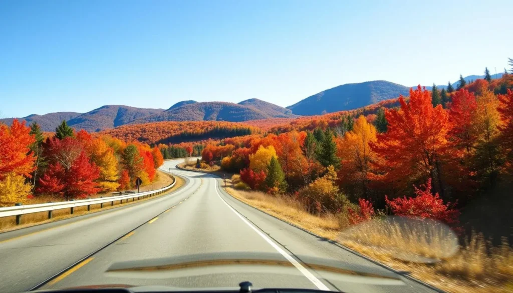 Scenic road through Sullivan County New York with fall foliage and mountains in background