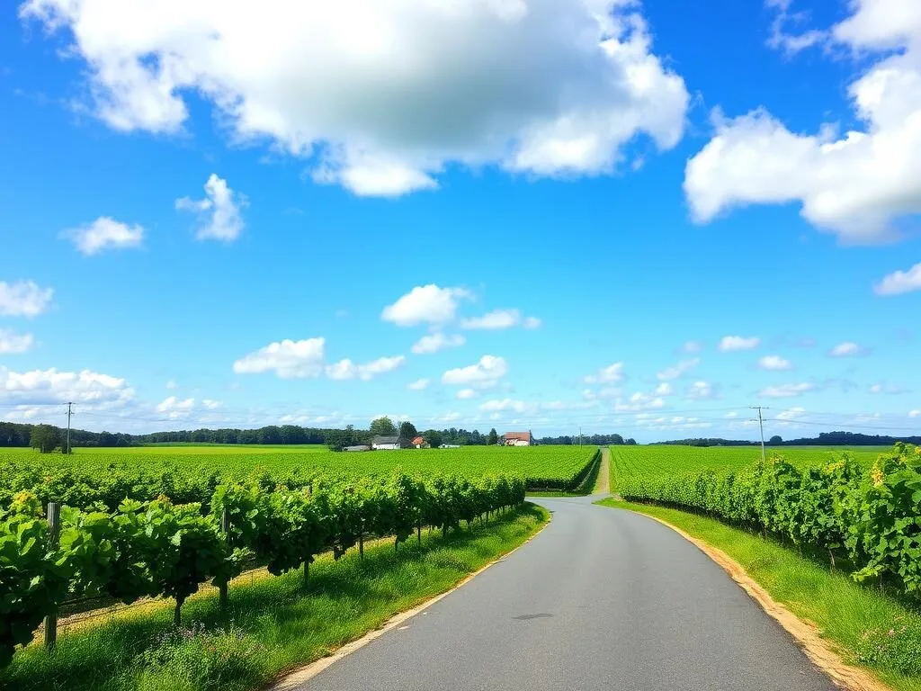 Scenic road through vineyards in North Fork, Suffolk County, New York Scenic road through vineyards in North Fork, Suffolk County, New York