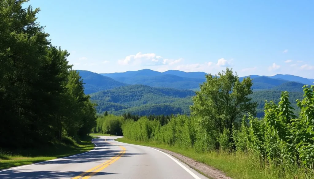 Scenic road winding through Putnam County countryside with mountains in background Scenic road winding through Putnam County countryside with mountains in background