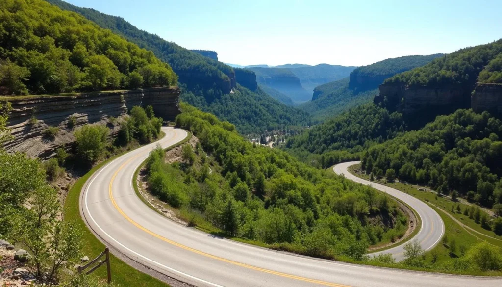 Scenic road winding through the bluffs of the Driftless Area near Marquette Iowa Scenic road winding through the bluffs of the Driftless Area near Marquette Iowa