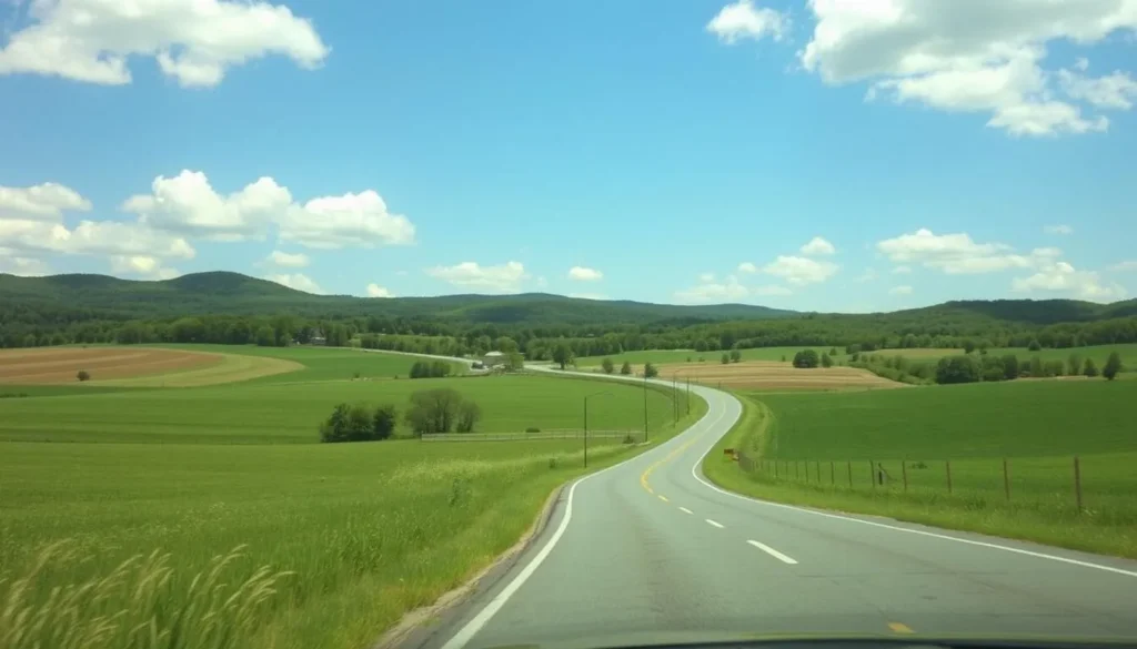 Scenic rural road in Herkimer County with mountains in the background and a car driving through beautiful countryside Scenic rural road in Herkimer County with mountains in the background and a car driving through beautiful countryside