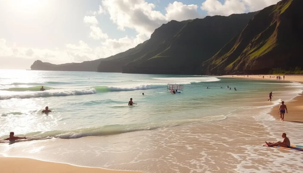 Scenic sandy beach on Oahu's windward shore, with azure waves gently lapping the shore. In the foreground, people swimming, surfing, and playing beach volleyball under a warm, golden sun. Middle ground features families lounging on colorful towels, building sandcastles, and strolling along the water's edge. In the background, lush, verdant cliffs rise up, framing the serene coastal landscape. The atmosphere is one of relaxation and carefree island living, with a crisp, salty breeze and the sound of laughter and crashing waves.