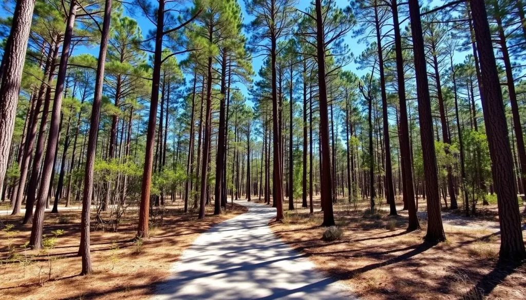 Scenic trail through longleaf pines at Gold Head Branch State Park in Bradford County, Florida Scenic trail through longleaf pines at Gold Head Branch State Park in Bradford County, Florida