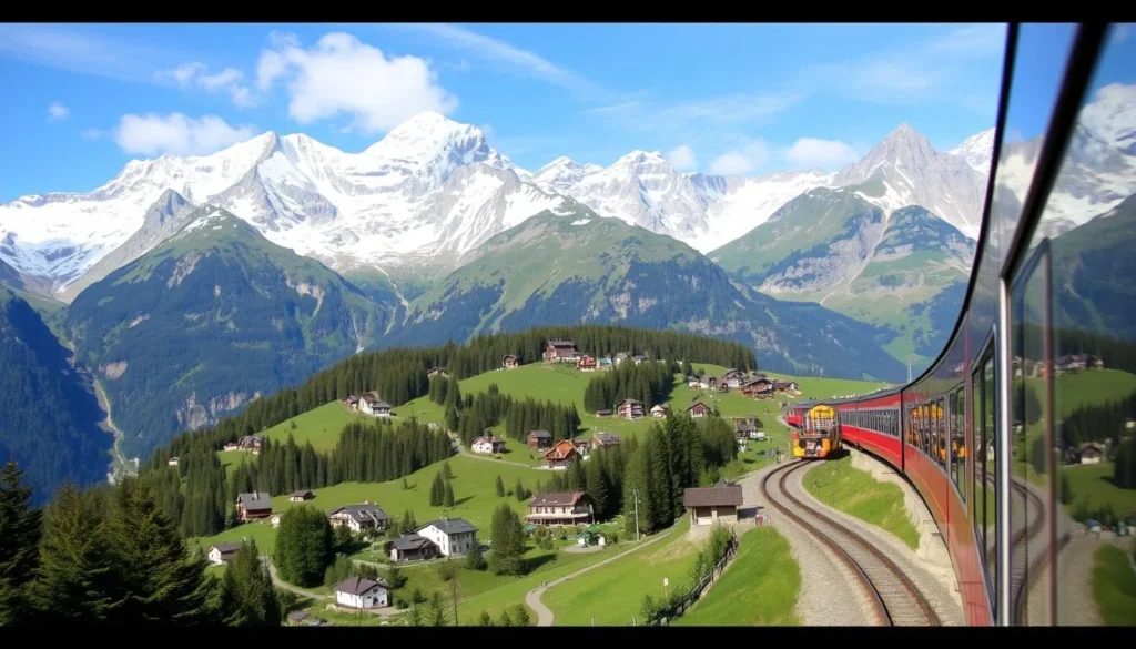 Scenic train journey through the Swiss Alps