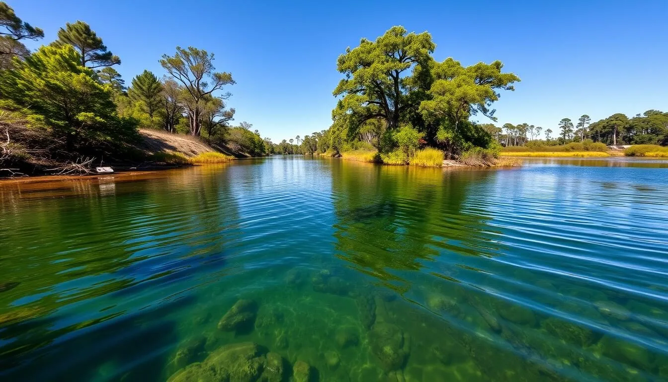 Scenic view of Black Creek in Clay County Florida, showing crystal clear water surrounded by lush green cypress trees on a sunny day