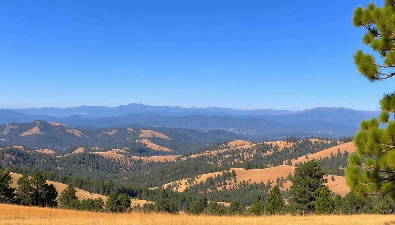 Scenic view of Calaveras County California landscape with rolling hills, pine forests and blue skies