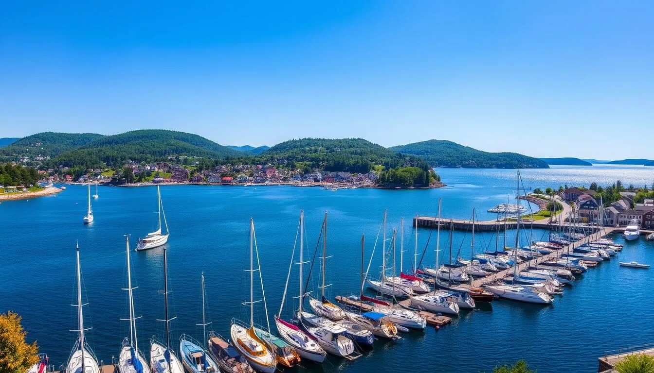 Scenic view of Camden Harbor with colorful sailboats and the Camden Hills in the background