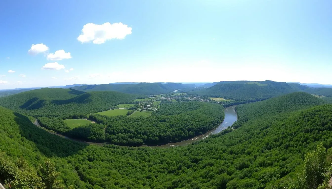Scenic view of Chenango County New York landscape with rolling hills, forests, and the Chenango River on a sunny day