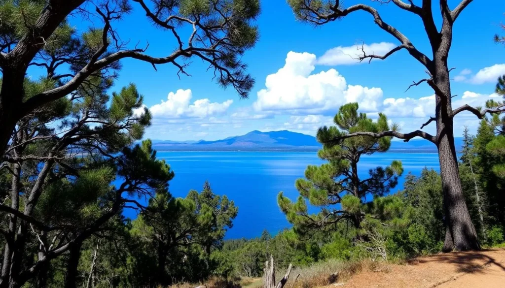 Scenic view of Clear Lake from a hiking trail with oak trees framing the view Scenic view of Clear Lake from a hiking trail with oak trees framing the view