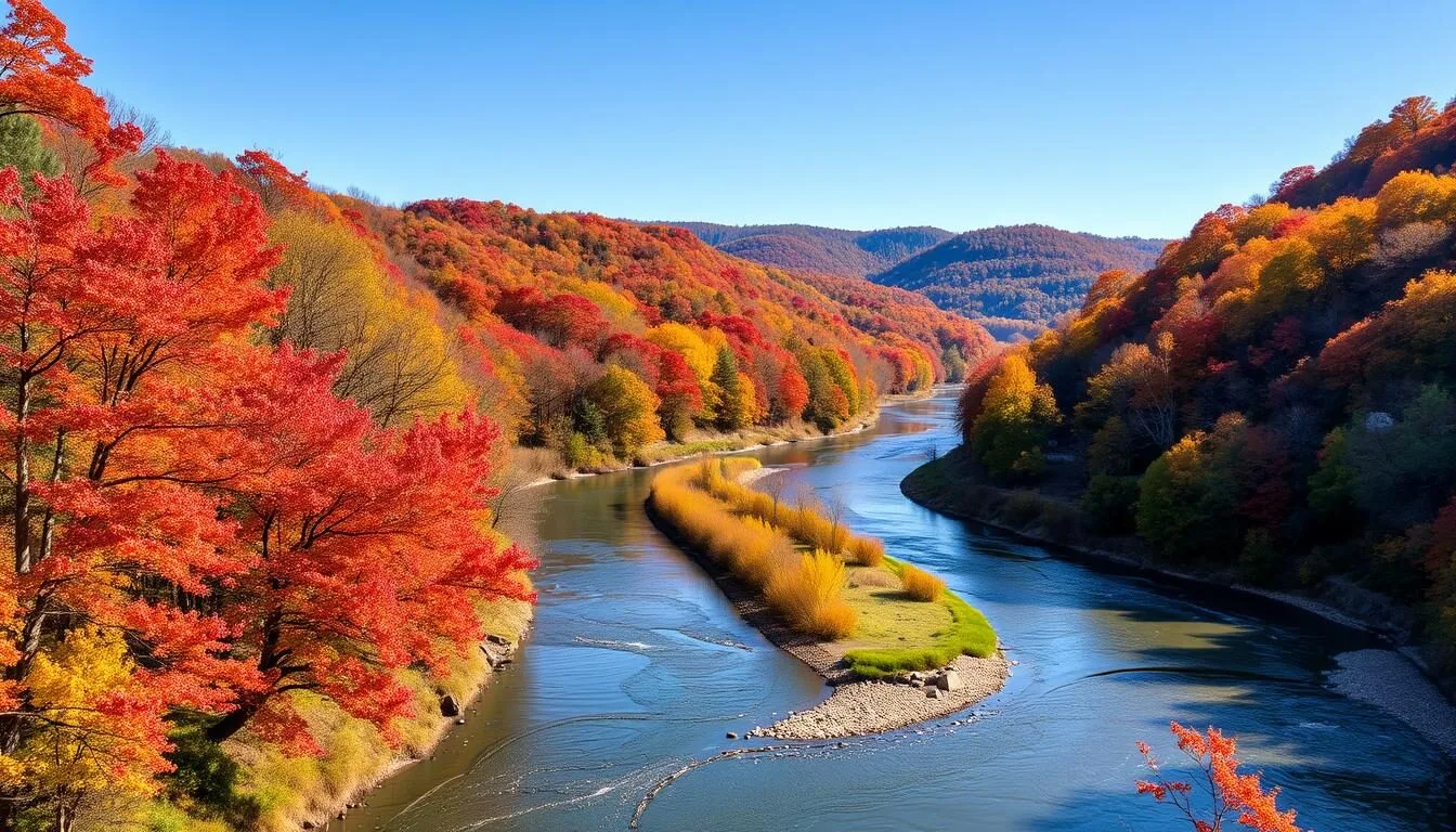 Scenic view of Cuyahoga Valley National Park showing the winding river and forested hills in autumn colors