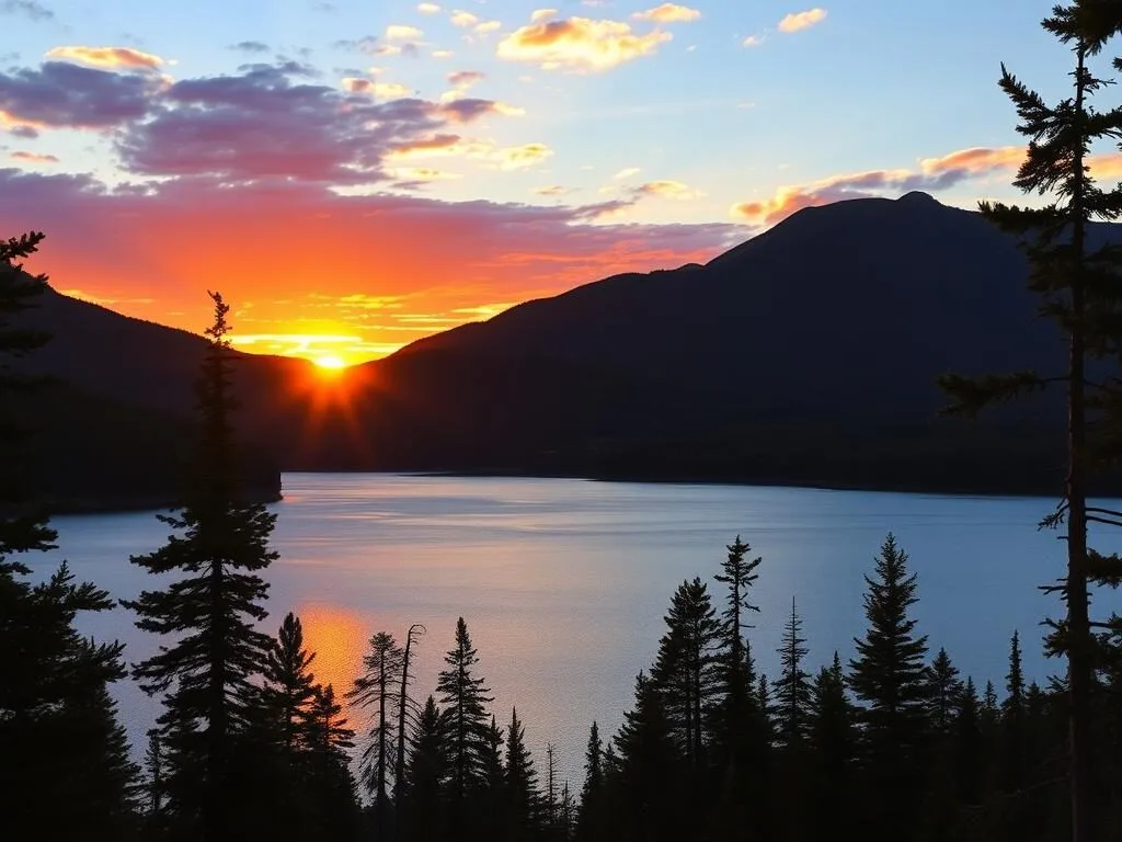 Scenic view of Flagstaff Lake at sunset from Trout Brook Campsites in Carrabassett Valley Maine Scenic view of Flagstaff Lake at sunset from Trout Brook Campsites in Carrabassett Valley Maine