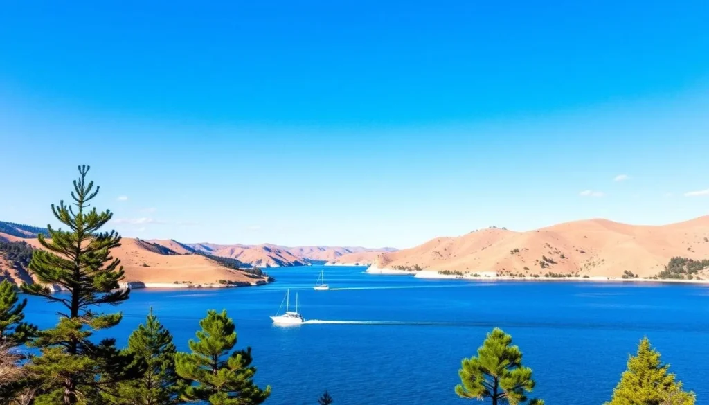 Scenic view of Folsom Lake in Placer County with boats on the water and surrounding hills Scenic view of Folsom Lake in Placer County with boats on the water and surrounding hills