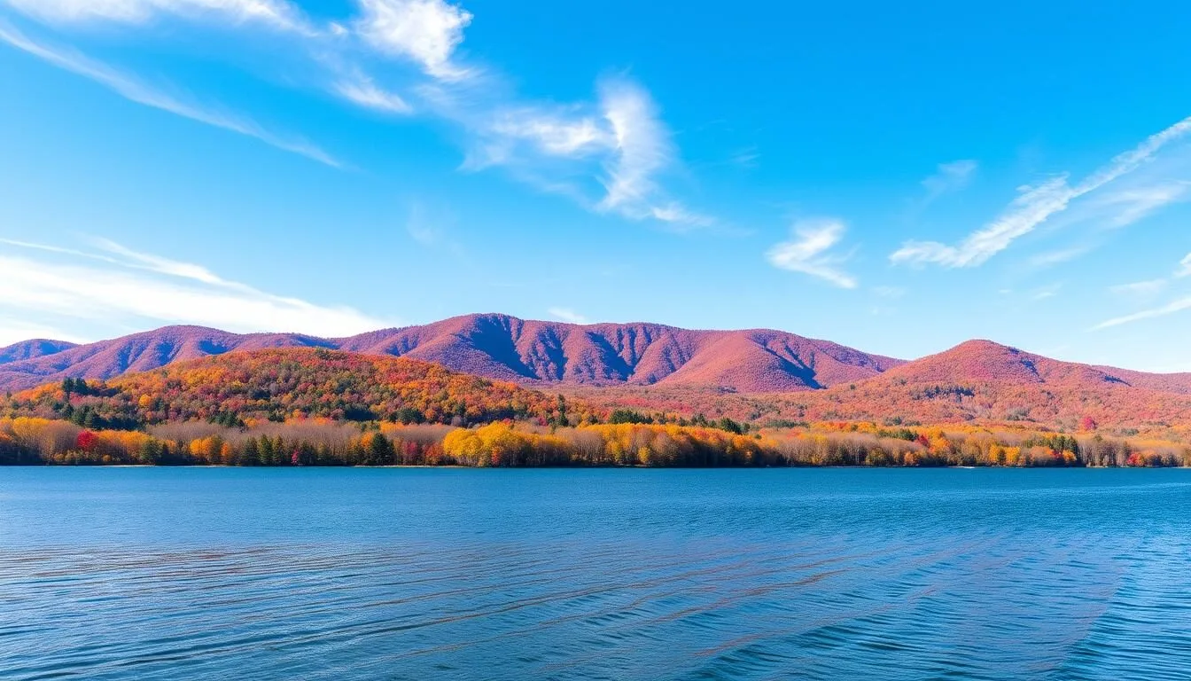 Scenic view of Herkimer County landscape with mountains in the background and crystal clear lake in the foreground