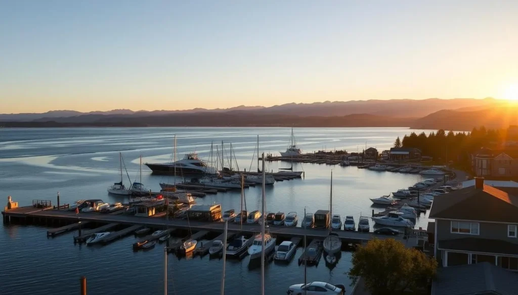 Scenic view of Humboldt Bay from Eureka waterfront with boats in harbor and mountains in background Scenic view of Humboldt Bay from Eureka waterfront with boats in harbor and mountains in background