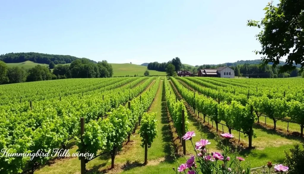 Scenic view of Hummingbird Hills Winery in Montgomery County with vineyards and rolling hills Scenic view of Hummingbird Hills Winery in Montgomery County with vineyards and rolling hills