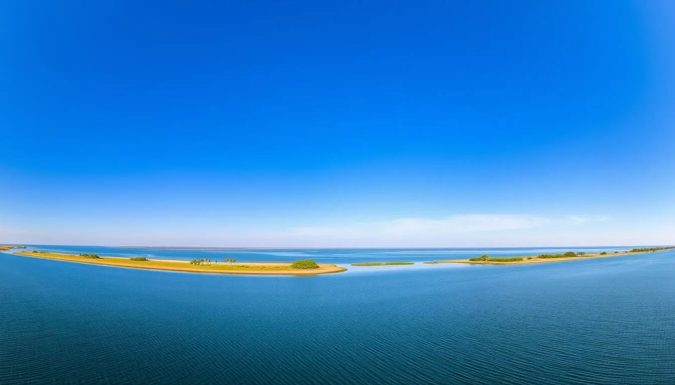 Scenic view of Lake Okeechobee in Hendry County, Florida with palm trees and blue skies