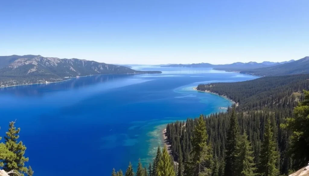 Scenic view of Lake Tahoe from El Dorado County side with mountains and forest Scenic view of Lake Tahoe from El Dorado County side with mountains and forest