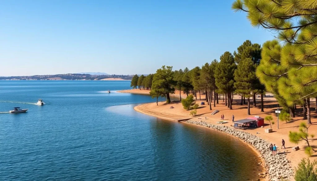 Scenic view of Modesto Reservoir with boats and recreational activities