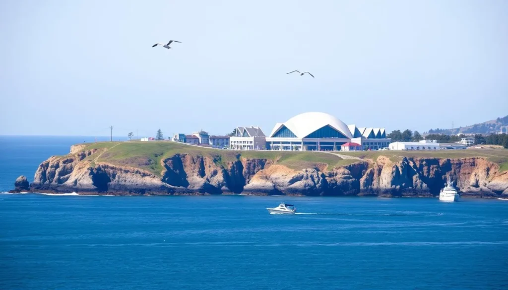 Scenic view of Monterey Bay Aquarium and coastline from a distance Scenic view of Monterey Bay Aquarium and coastline from a distance
