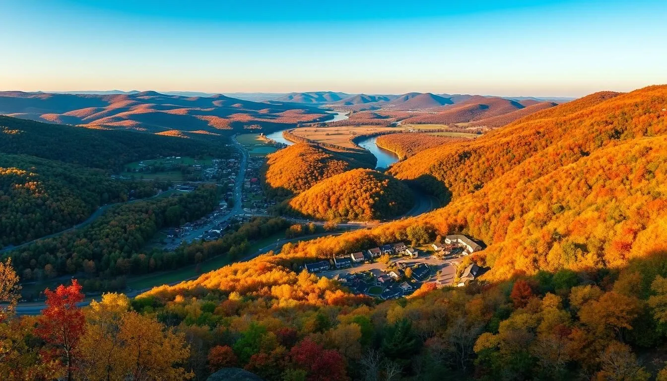Scenic view of Orange County New York with rolling hills, the Hudson River, and charming small towns in autumn